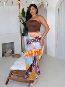 Slaydiva Plus Size Women's Two Pieces Set,Pink,Summer,Boho,Vacation,Holiday,Solid Sleeveless Strapless Cropped TopRuffled Patchwork Print Maxi Skirt Beach - Multicolor - View 4