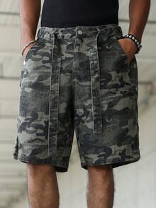 Manfinity EMRG Men's Casual Patchwork Waist Belt Camo Denim Shorts - Multicolor - View 7