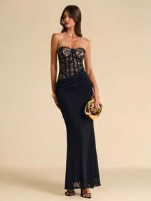 SHEIN BAE Đầm hè gợi cảm, thanh lịch với chất liệu ren đen và lưới, kiểu đuôi cá, thích hợp cho ngày Valentine, tiệc tùng, hẹn hò lãng mạn, phù dâu, đám cưới, dạ hội, sinh nhật. - màu đen - Xem 3
