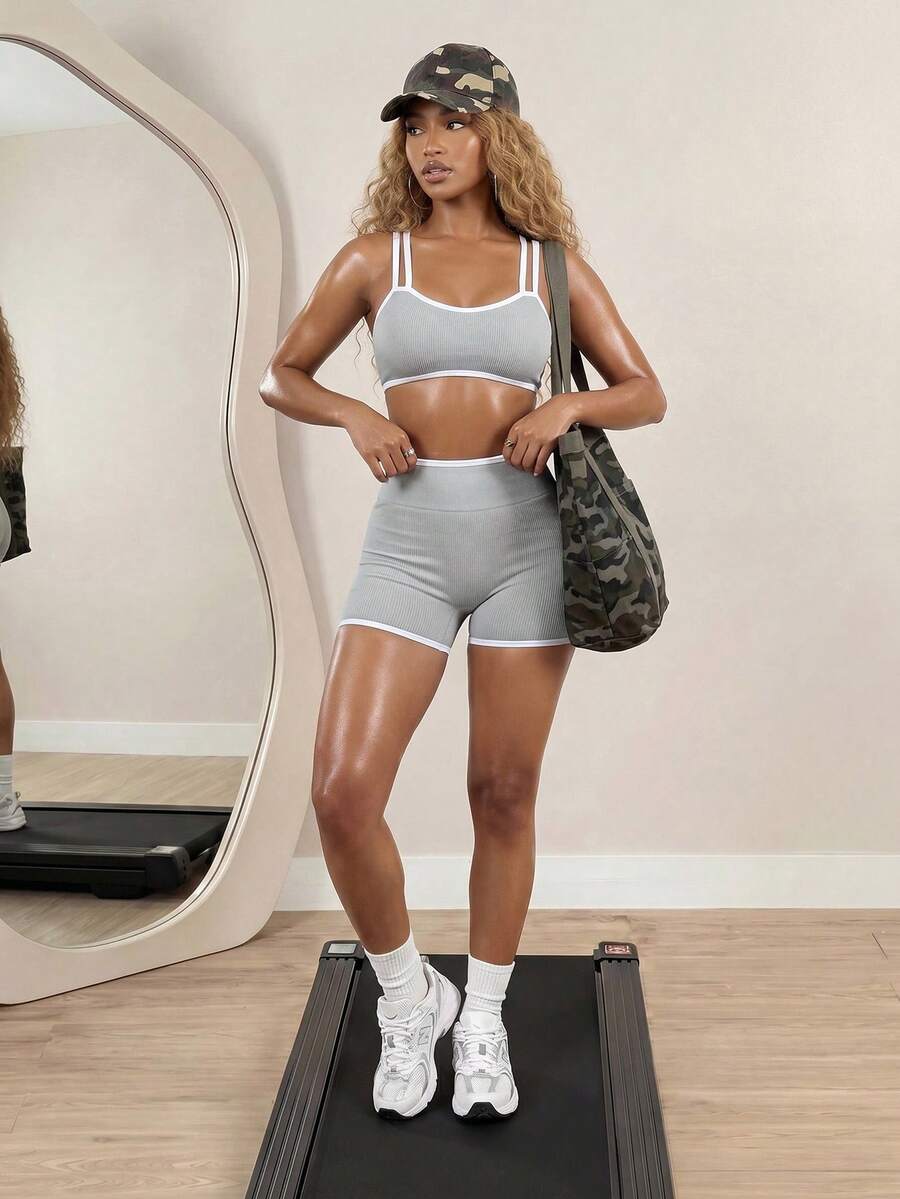 BamGleam 2 Stücke/Set nahtloses, hochelastisches Aktivbekleidungsset - Sport-BH und Shorts Workout-Set für Frauen - Hellgrau - Übersicht 1