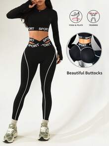 BamGleam 2pcs Women Seamless Contrast Stripe Letter Printed Elastic Waist Yoga Workout Long Sleeve Top & Cropped Leggings Sports Set - Black and White - View 6