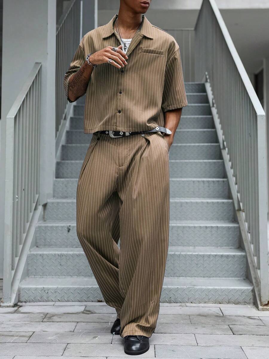 Major Grit 男士休闲街头风短袖上衣长裤套装。街头服饰，朋友，情侣装，宽松版型，男士，印花，日系风格，男女皆宜，我爱我的女朋友 - 棕色 - 查看 1