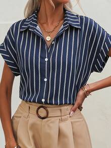 SHEIN Frenchy Áo kiểu nữ, phong cách retro thanh lịch, đa năng, màu xanh navy ấm áp với họa tiết sọc trắng, thích hợp mặc đi biển, đi nghỉ mát, mùa hè. - Nhiều màu - Xem 1