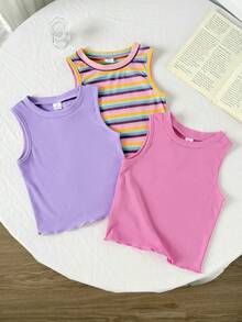 SHEIN 3pcs/Set Girls' Casual Colorful Striped Knit Vest Set - Multicolor - View 3