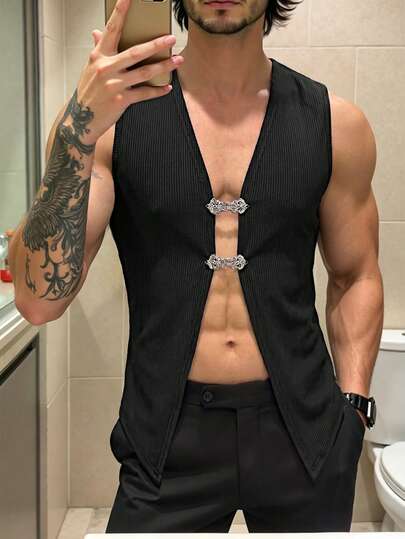 Manfinity Dauomo Áo tank top nam gợi cảm kiểu dáng nghỉ dưỡng, xẻ tà, ôm sát, khóa kim loại.