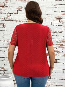 SHEIN Clasi Plus Size Women V-Neck Lace Patchwork Casual Versatile Daily Wear T-Shirt - Red - View 2