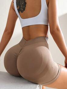 Easithlete Pantalones cortos deportivos lisos de color caqui para mujer con cintura fruncida, sexy y levantador, elásticos y cómodos para yoga y ejercicio - Caqui - Ver 5
