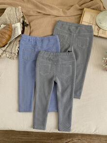 SHEIN LMoss Kids LMoss 女童三件套纯色针织打底裤休闲套装 - 黑色 - 查看 2