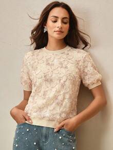 Anewsta Kaos Lengan Pendek Warna Pink Transparan Bergaya Vintage yang Elegan dan Melangsingkan - Berwarna merah muda - View 6