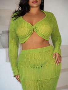 Veslaya Plus Size Women's Avocado Green Knit Set,Long Sleeve Twist Front Crop Top&High Waist Skirt For Sommar,Beach,Vacation,Holiday,Music Festival&Party - Green - View 7