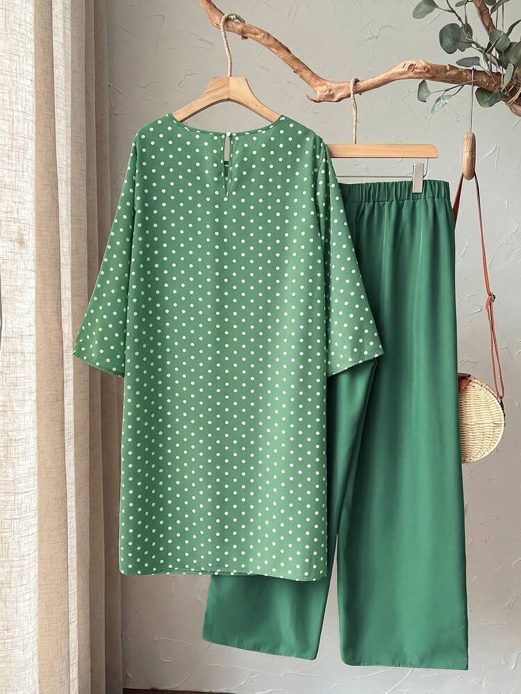 2pc Set Plus Size Women's Summer Casual Vacation Resort Countryside Round Neck 3/4 Sleeve Side Slit Polka Dot Green Long Top Shirt And Pants 2 Piece Set With Pockets, Summer Holiday,Spring Break Outfits ,Vacation Outfits Women ,Holiday Outfits For Women,Going Out Outfits, New Clothes,Simple And Fashionable For Everyday Wear,Boho Set,Boho Pants Set For Women,Two Piece Set, Wide Leg Pants Set, Modest Two Piece Set, 2 Piece Casual Sets Woman, Short Sleeve Two Piece Set