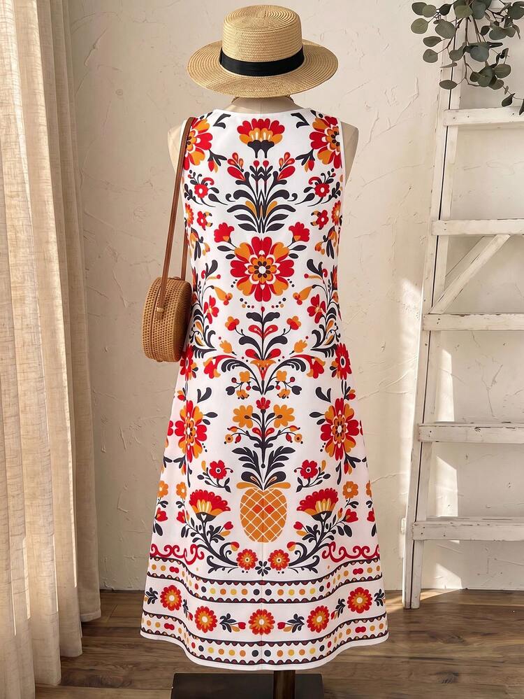 Plus Size Women Summer Beach Vacation Floral Print Sleeveless Dress