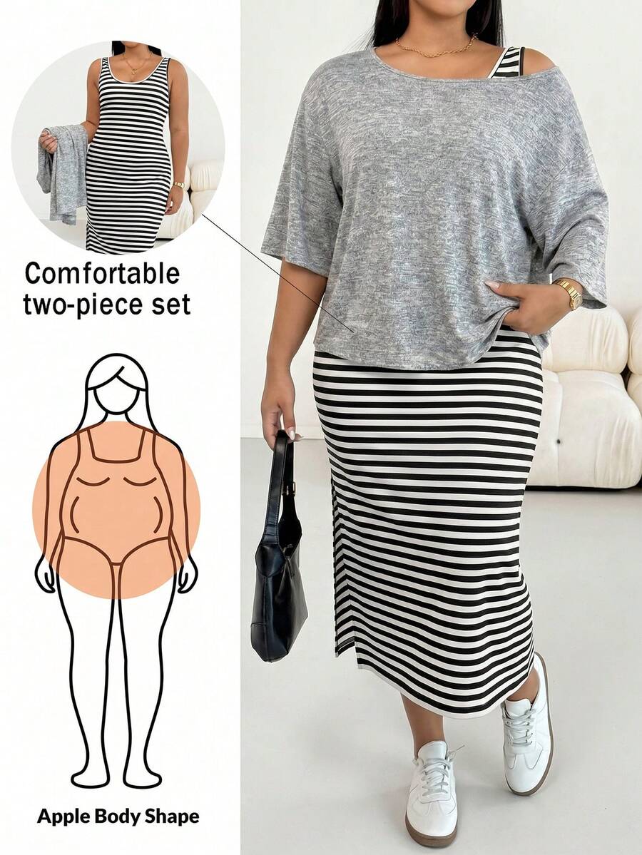 Shapeblank Bộ đồ hai mảnh thời trang xuân/hè dành cho nữ cỡ lớn, dáng rộng, co giãn, thoải mái, cơ bản, đa năng gồm áo vest kẻ sọc và áo khoác ngoài màu đen, trang phục mùa hè, trang phục sân bay, phong cách đơn giản, mùa hè châu Âu. - Xám - Xem 1
