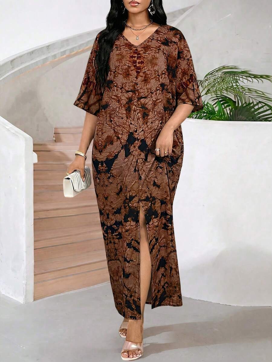 SHEIN Lady 女士度假风印花开衩下摆卡其色连衣裙 - 咖啡 - 查看 1