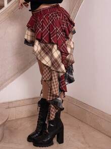 Ananda Vibes Asymmetric Ruffled Hem Mixed Plaid Mini Skirt - Multicolor - View 3