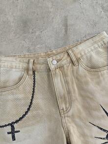 AXEPEAK Men's Summer Street-Style Washed Portrait Pattern Slant Pocket Denim Shorts - Khaki - View 5