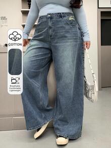 Dazy Plus Plus Size Distressed Washed Wide Leg Long Denim Jeans - Dark Wash - View 1