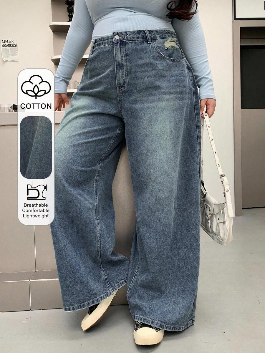 Dazy Plus Plus Size Distressed Washed Wide Leg Long Denim Jeans - Dark Wash - View 1