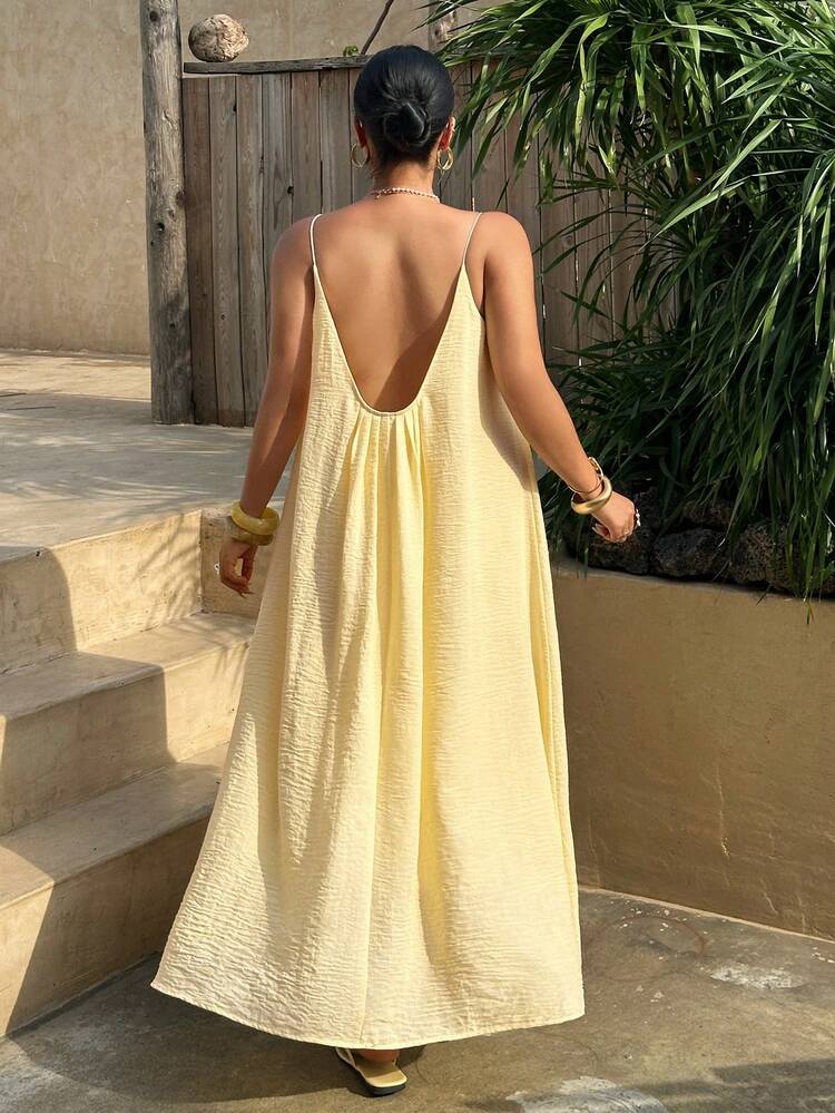 Dazy Plus Summer New Backless Cream Yellow Solid Color Dress, Plus Size For Beach Holiday