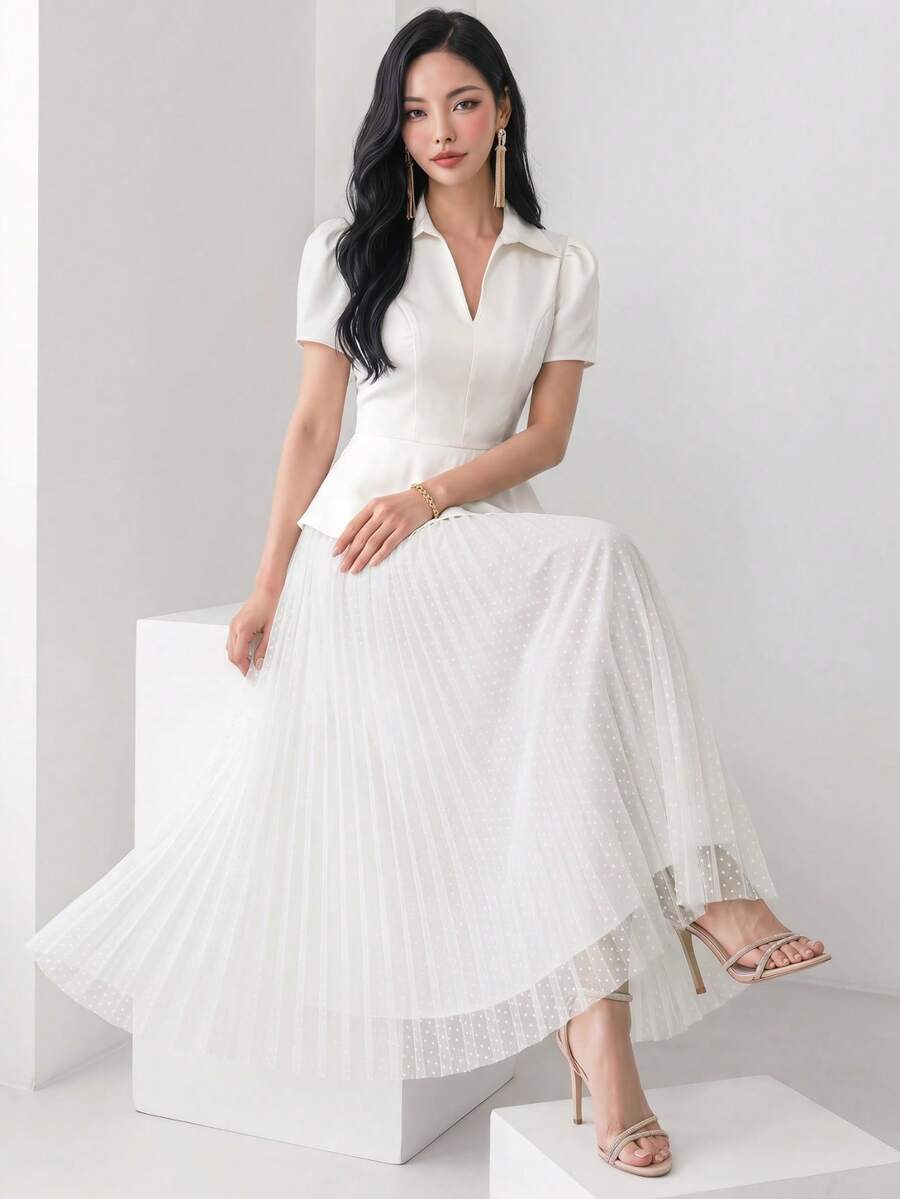 Heiryn 女士纯色褶皱休闲派对中长连衣裙