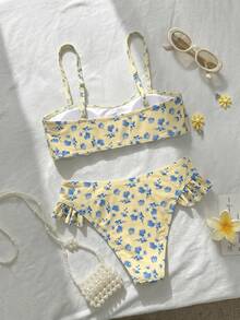 SHEIN Swim 女款花卉印花坦基尼泳裝套裝 - 淡黃色 - 查看 2