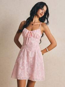 Poéselle Women's Elegant Cutout Ruffle Front Tie Strap Short Dress, Summer - Pink - View 3