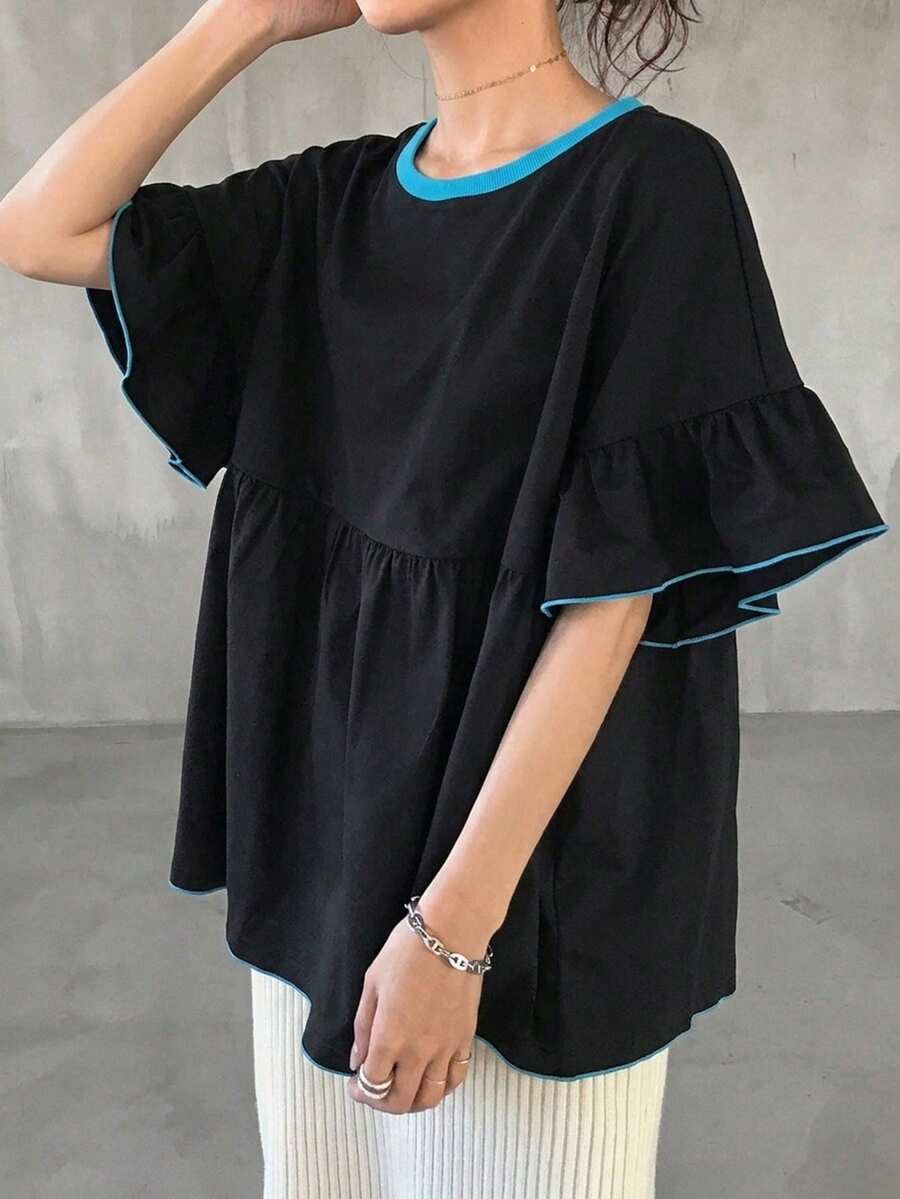 FRIFUL Women's Casual Ruffle Sleeve Loose T-Shirt For Summer Vacation - Black - View 1
