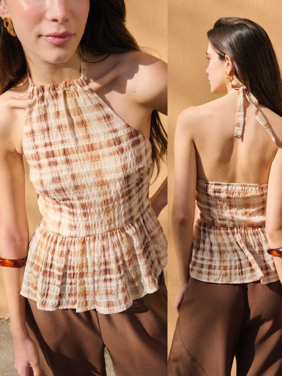 Nöista Top con cuello halter con estampado a cuadros en beige y marrón. Cuello recogido. Para días de verano, salidas casuales, looks bohemios, festivales de música, fiestas en la piscina. - Caqui - Ver 1