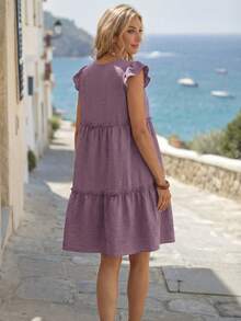 Faunlyn Ladies' Solid Color Simple Everyday Round Neck Dress - Dusty Purple - View 2