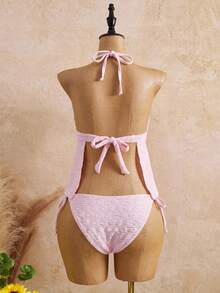 Bellisia 2 piezas Top de bikini de triángulo con textura de punto de unicolor para mujer, casual para playa y vacaciones de verano - Rosa - Ver 2