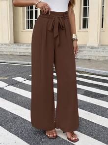 Serisse Paperbag Waist Belted Straight Bow Tie Wide Leg Pants - Brown - View 6