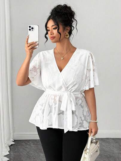 Elenzga Áo sơ mi nữ cỡ lớn thanh lịch màu trắng lưới jacquard không tay cổ chữ V, tay bồng xếp ly, eo chun, thắt nơ.
