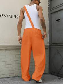 Manfinity EMRG Men's Solid Color Pocket Wide Leg Loose Casual Bib Pants - Orange - View 2