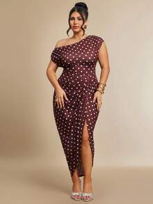 SHEIN BAE CURVE Đầm chấm bi màu đỏ tía dành cho nữ cỡ lớn, kiểu dáng thanh lịch, xẻ tà vai bất đối xứng. - Nhiều màu - Xem 4