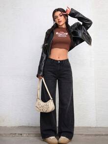SHEIN ICON Women's Casual Everyday Slant Pocket Wide Leg Jeans - Black - View 3