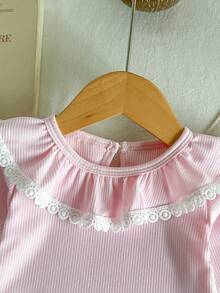 Souflis Souflis 女嬰幼兒 0-3 歲休閒蕾絲可愛百搭極簡甜美粉色純色優雅彈性羅紋針織長袖 T 恤 - 粉色 - 查看 4