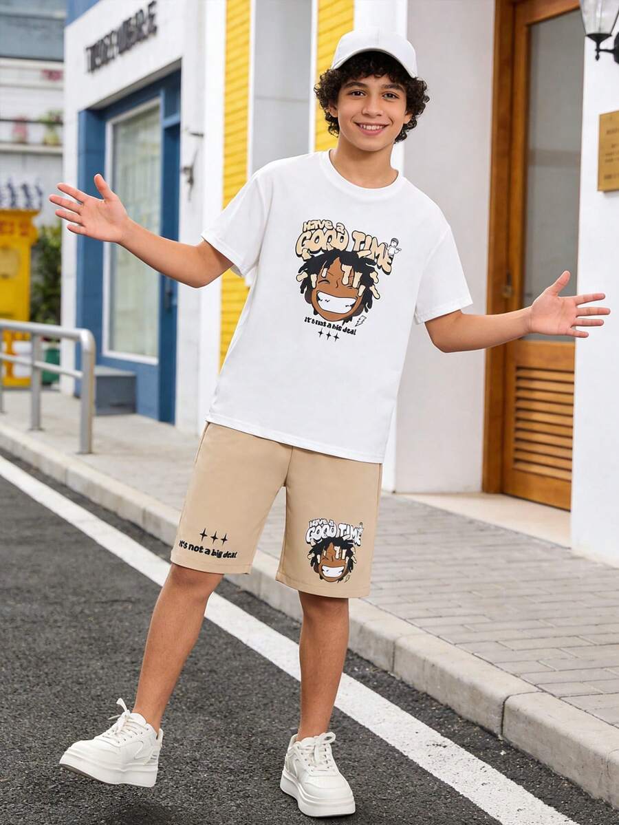 SHEIN Coolqubz 两件套青少年男童卡通人物字母印花时尚短袖T恤和紫色短裤,适合日常穿着和休闲活动 - 卡其色 - 查看 1