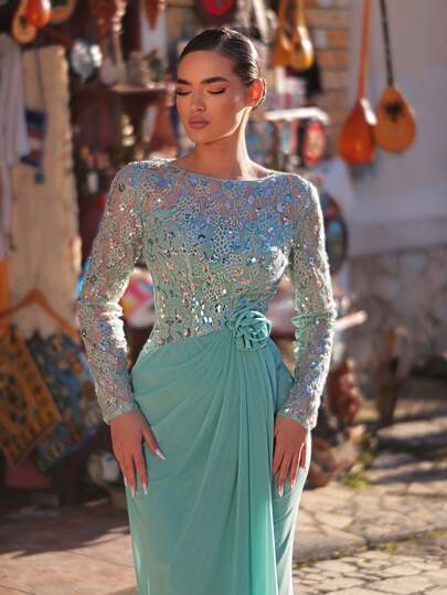 Aureia Elegant Vanilla Green Round Neck Luxury 3D Floral Embroidery Sequin Patchwork Chiffon Asymmetric Hem Long Sleeve Dress, Suitable For Dates, Vacations, Singles Parties, Weddings, Women's Formal Evening Gowns