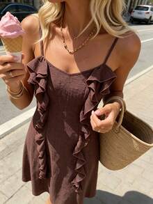 SHEIN PariChic Women's Elegant Coffee Brown Summer Vacation Holiday Dress,Niche Design Mid-Length Spaghetti Strap,Ruffle Hem,Fitted A-Line French Casual Style - Coffee Brown - View 4