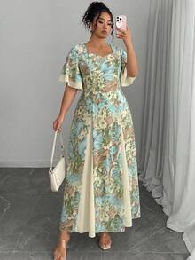 Modelyn Gaun Midi Motif Bunga Biru Ukuran Plus, Gaun A-Line Leher Persegi Elegan dengan Lengan Mengembang & Panel Beige, Gaun Lembut dan Anggun untuk Tamu Pernikahan, - MultiWarna - View 3