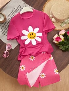 Genkimix Kids 青少年女孩可愛粉色雛菊印花圓領短袖T恤與不對稱短褲套裝，夏季度假休閒日常穿著套裝 - 彩色 - 查看 1