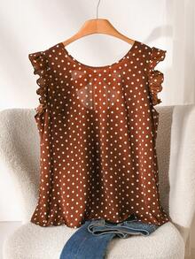CosyJoli Summer Women's Brown Bow-Tie Color-Blocked Back Tie Ruffle Blouse, Short Flutter Sleeve Top, Plus Size Cute Summer, Holiday - Coffee Brown - View 4