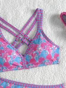 SHEIN Conjunto de bikini con estampado de conchas marinas para niñas preadolescentes - Multicolor - Ver 6