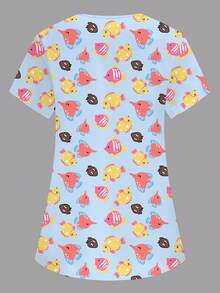 SHEIN Women's Blue V-Neck Short Sleeve Workwear,Cute Cartoon Pattern Printed Nurse Doctor Uniform Top,Functional Double Pocket Lab Coat Pet Grooming Outfit - Blue - View 2