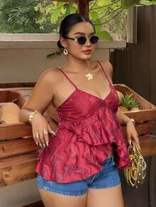 Dazy Plus Plus Size Women Solid Color Textured Flared Hem Camisole Elegant Summer Top Vacation Gym Brown - Burgundy - View 3