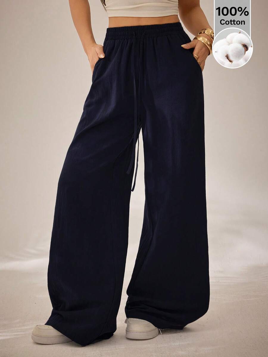 SHEIN PETITE Pantalones blancos de algodón 100% lavados, de estilo minimalista básico bohemio, para conciertos de verano, salidas y playa - Azul Marino - Ver 1