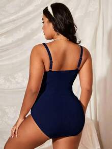 Swim Lushoire Plus Size Women's Solid Color Ruffle Trim One-Piece Swimsuit, Suitable For Beach Vacation, Pool Party, Beach Party - Navy Blue - View 2