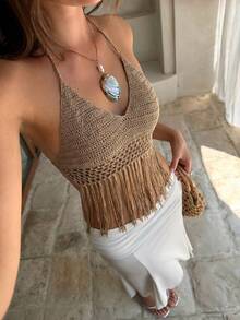 Aloruh Áo hai dây hở lưng, dây mảnh, viền tua rua, thích hợp cho kỳ nghỉ hè của nữ. - Màu Khaki - Xem 3