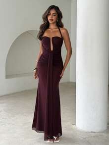 Aloruh Women's Burgundy Deep V-Neck Tie-Up Ruched Dress, Spring/Summer Event Formal Formal,Wedding Vacation Guests,Dresses For Women Summer Elegant - Purple - View 3