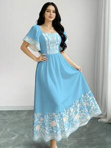 Modelyn Vestido de manga corta con cuello cuadrado y manga abullonada con estampado floral, vestido midi de cintura ceñida para el verano, vestido azul con estampado floral - Multicolor - Ver 4